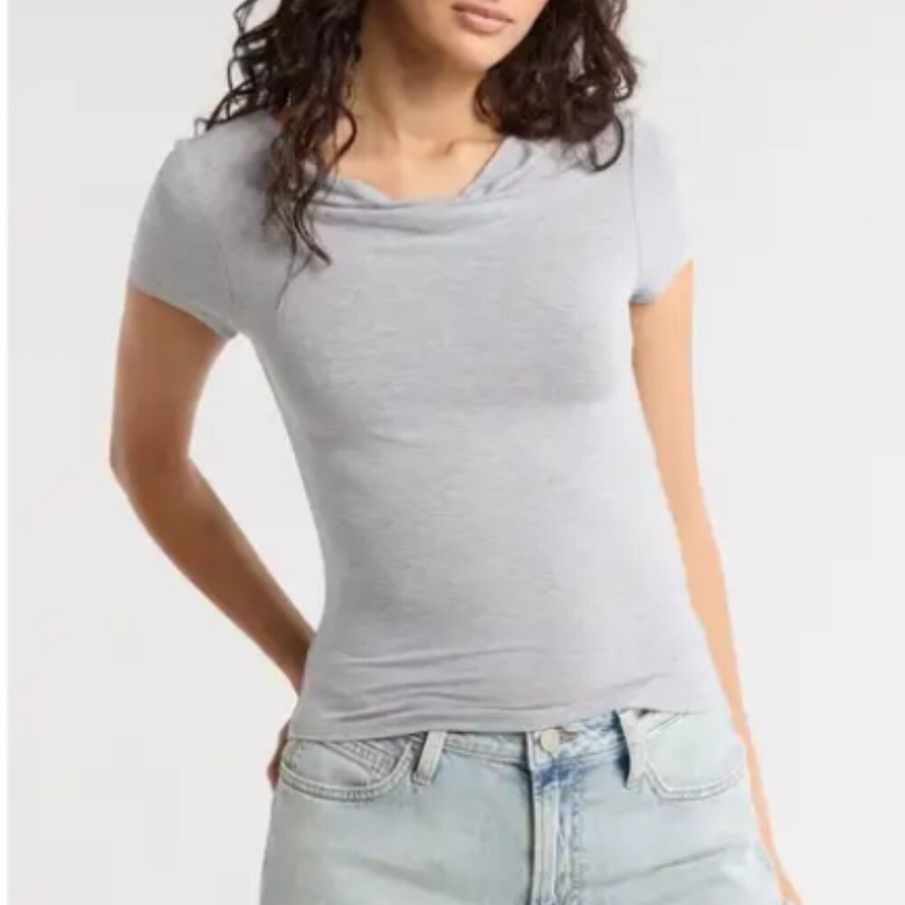 Abound Heather Gray Cowl Neck Top | Soft Stretch Short Sleeve Blouse | Women’s M
